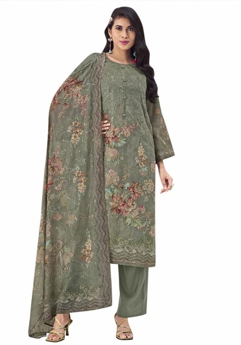Olive Embroidered Muslin Dress Material