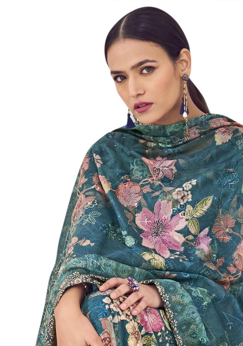 Navy Blue Embroidered Muslin Dress Material - Indya