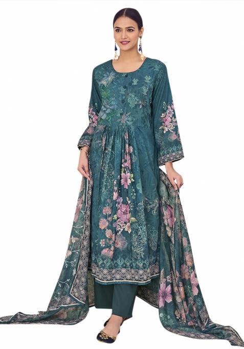 Navy Blue Embroidered Muslin Dress Material