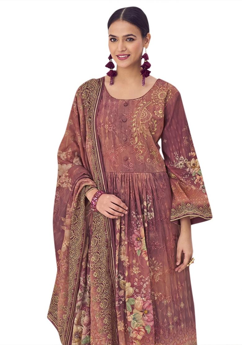 Rust Embroidered Muslin Dress Material