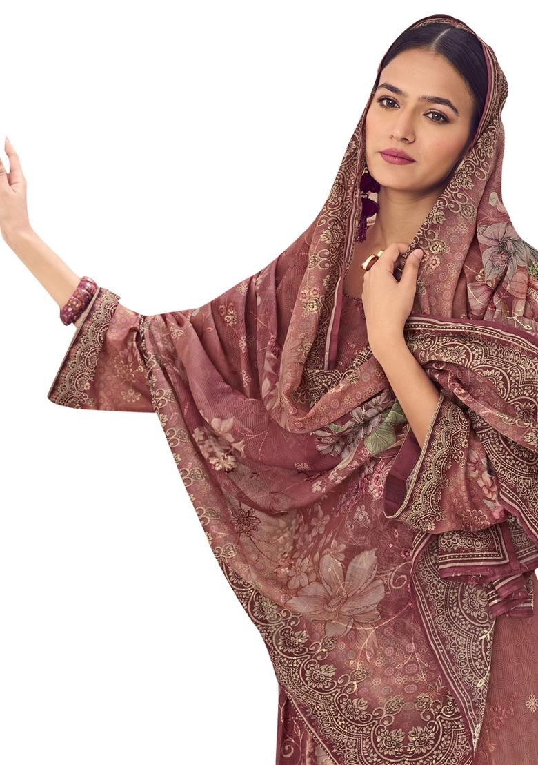 Rust Embroidered Muslin Dress Material