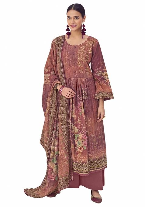 Rust Embroidered Muslin Dress Material