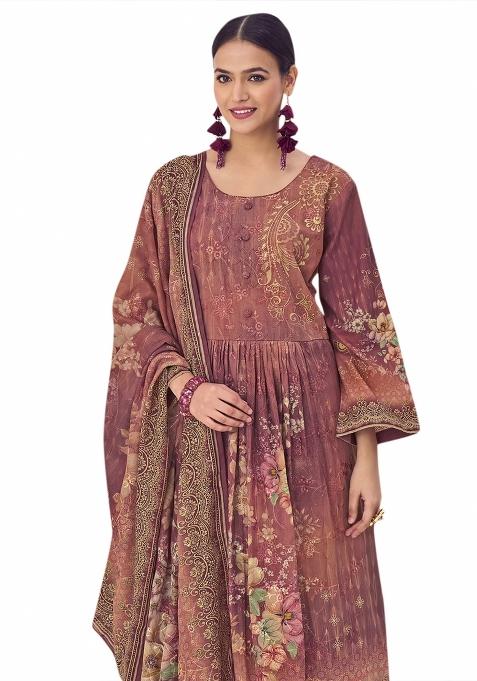 Rust Embroidered Muslin Dress Material