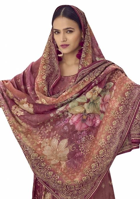 Rust Embroidered Muslin Dress Material