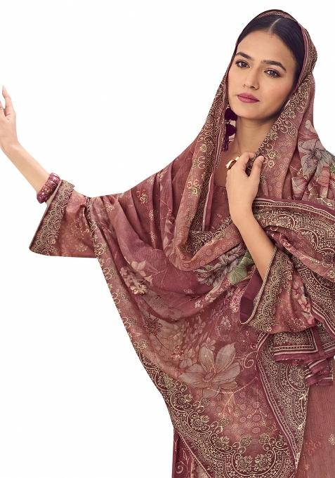 Rust Embroidered Muslin Dress Material