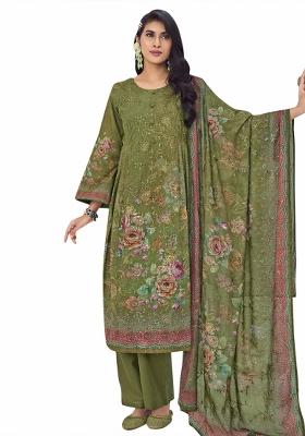 Green Embroidered Muslin Dress Material