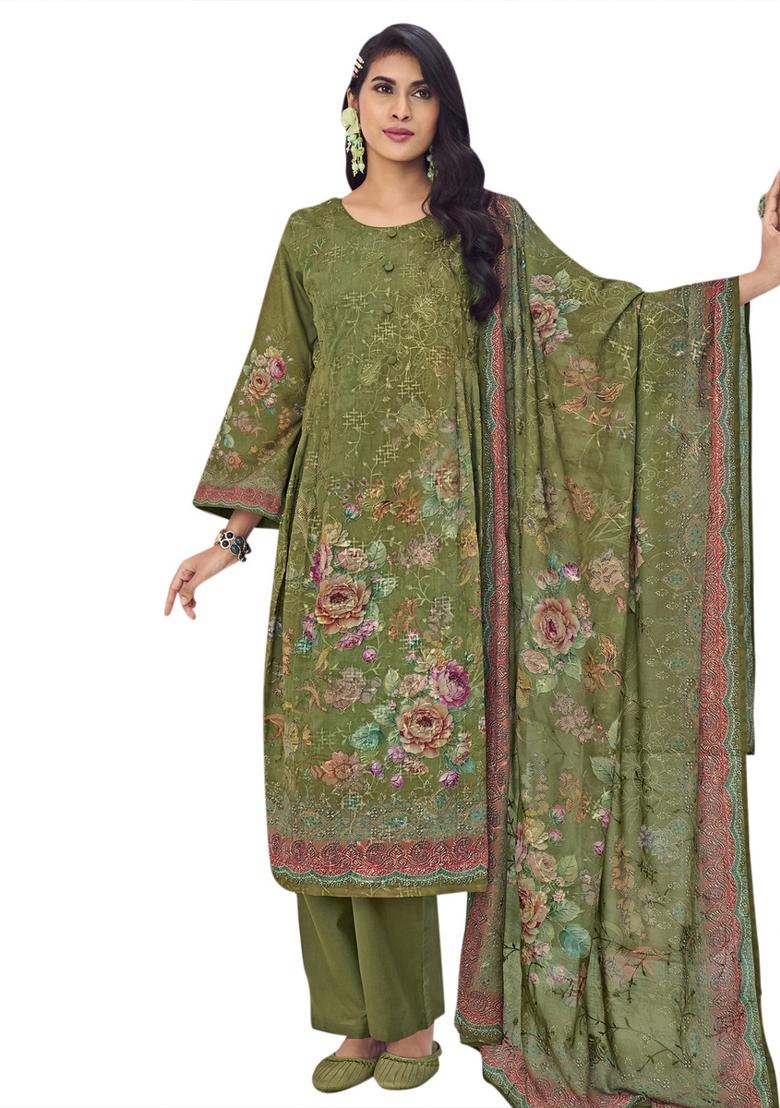 Green Embroidered Muslin Dress Material