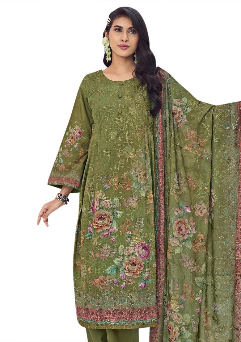 Green Embroidered Muslin Dress Material