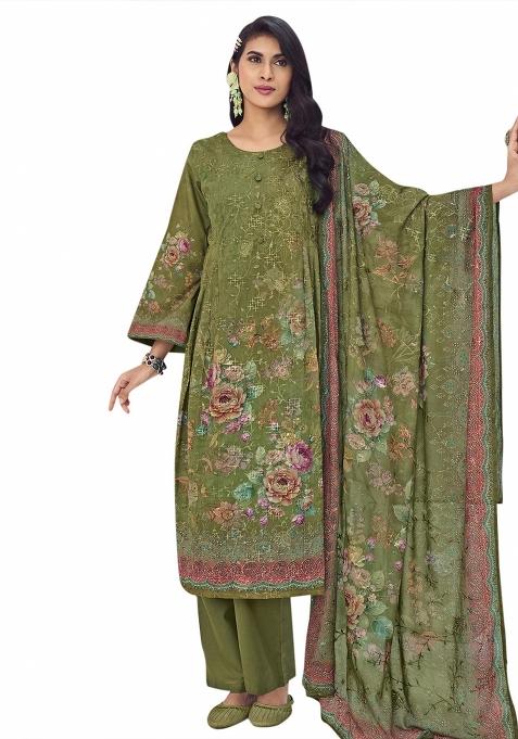 Green Embroidered Muslin Dress Material