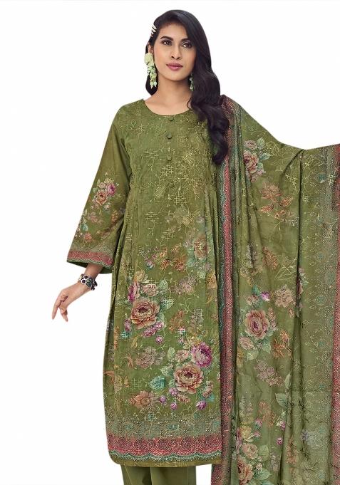 Green Embroidered Muslin Dress Material