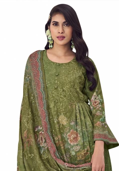 Green Embroidered Muslin Dress Material