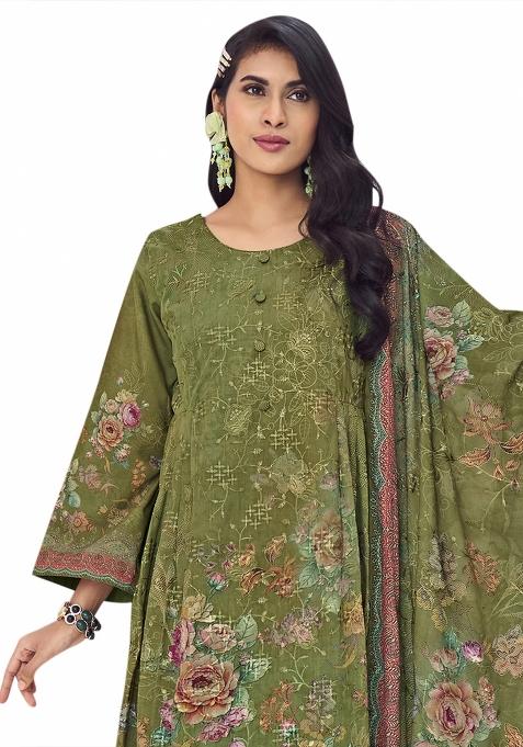 Green Embroidered Muslin Dress Material