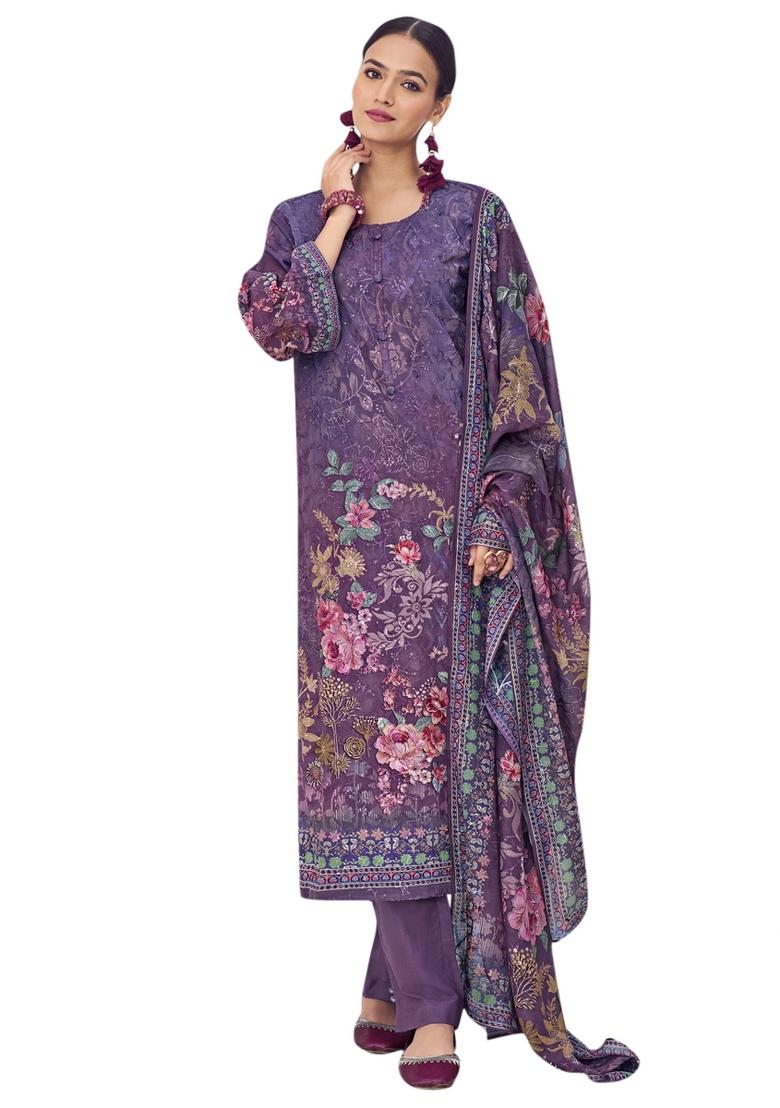 Purple Embroidered Muslin Dress Material