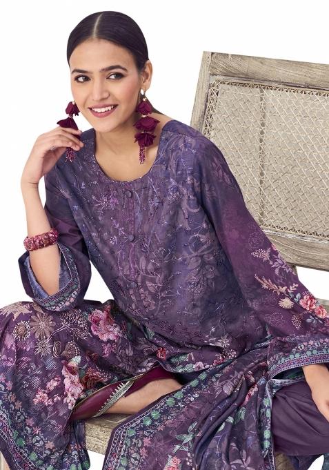 Purple Embroidered Muslin Dress Material
