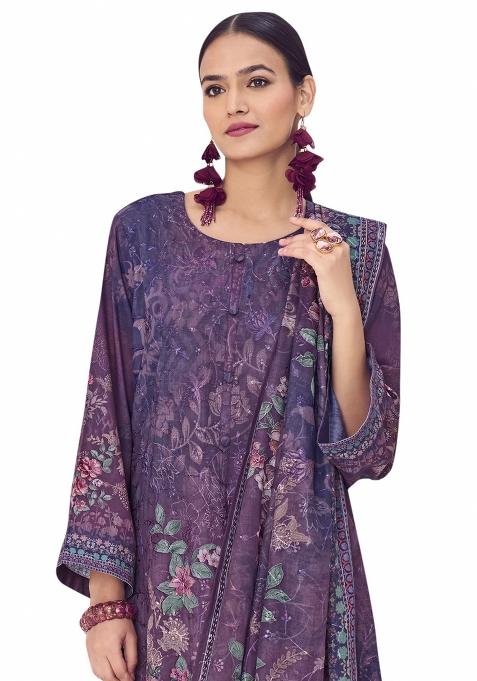 Purple Embroidered Muslin Dress Material