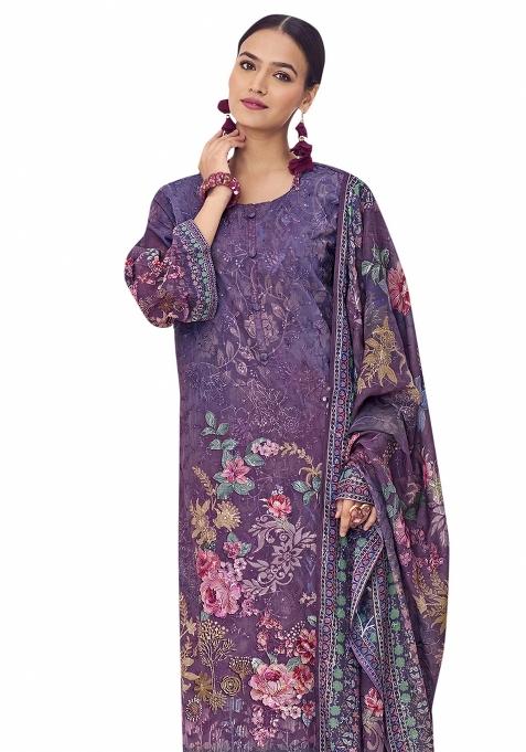 Purple Embroidered Muslin Dress Material