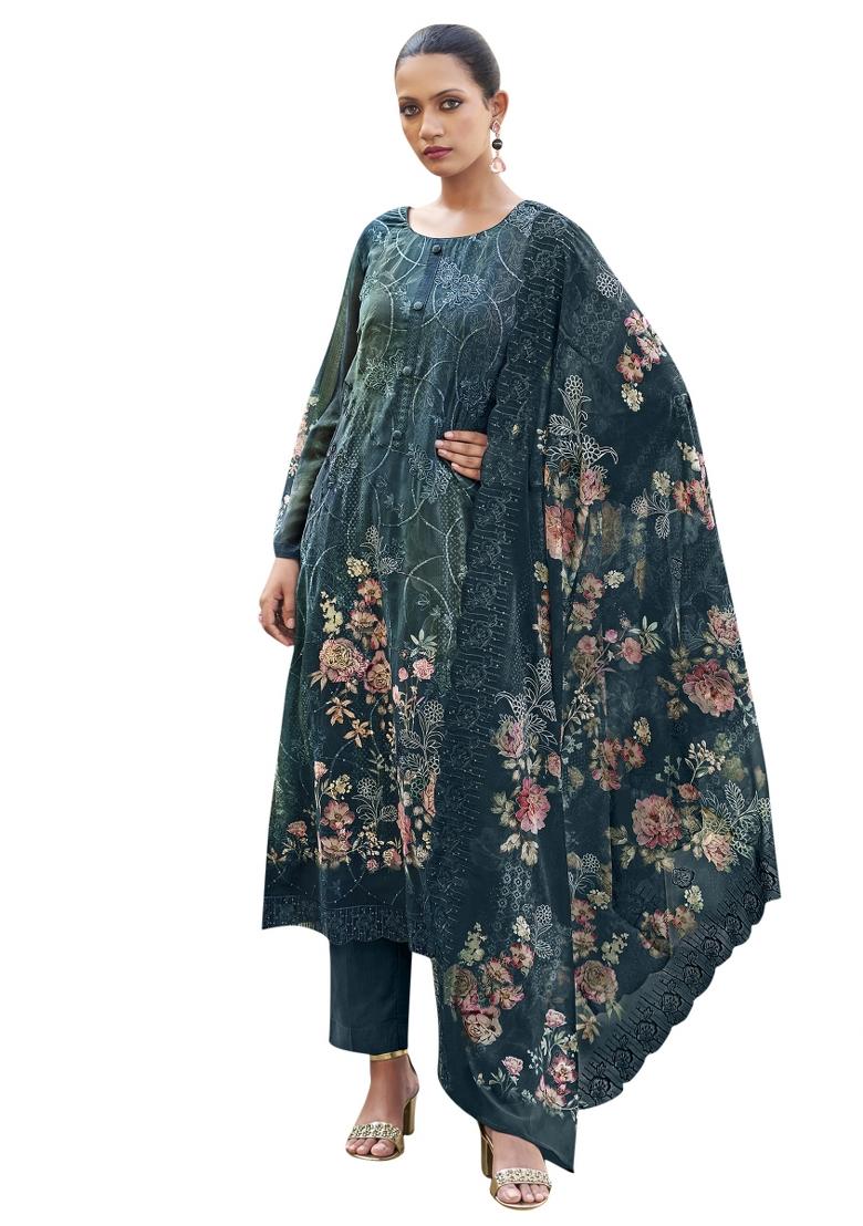 Navy Blue Embroidered Organza Dress Material