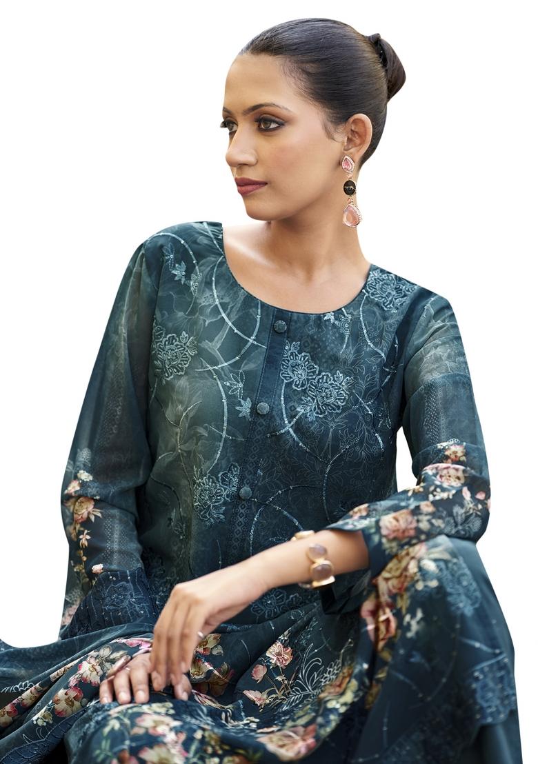 Navy Blue Embroidered Organza Dress Material