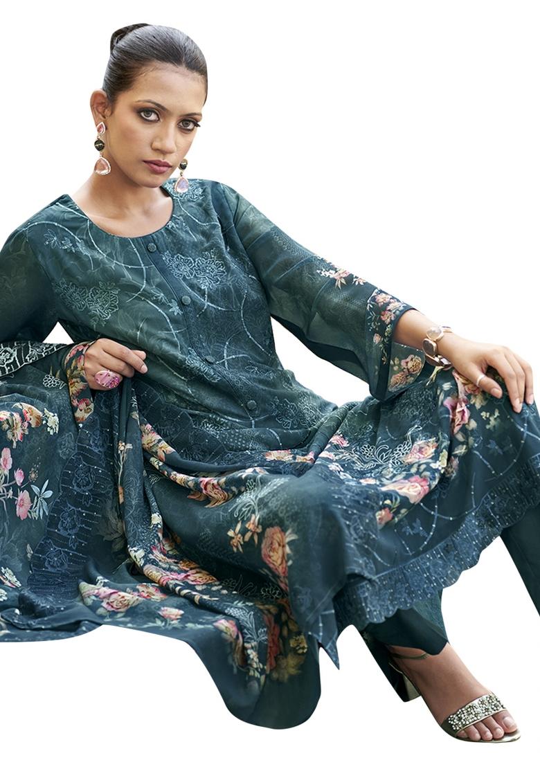 Navy Blue Embroidered Organza Dress Material