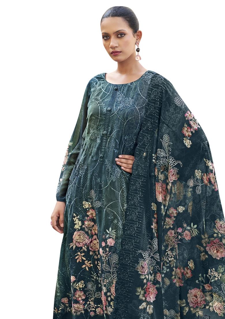 Navy Blue Embroidered Organza Dress Material