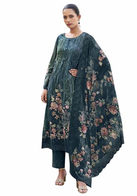 Navy Blue Embroidered Organza Dress Material