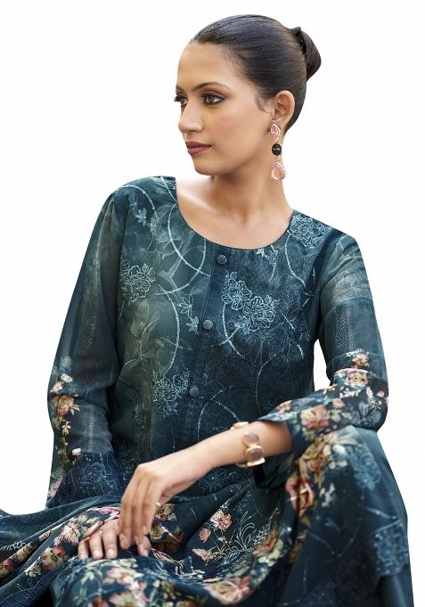 Navy Blue Embroidered Organza Dress Material