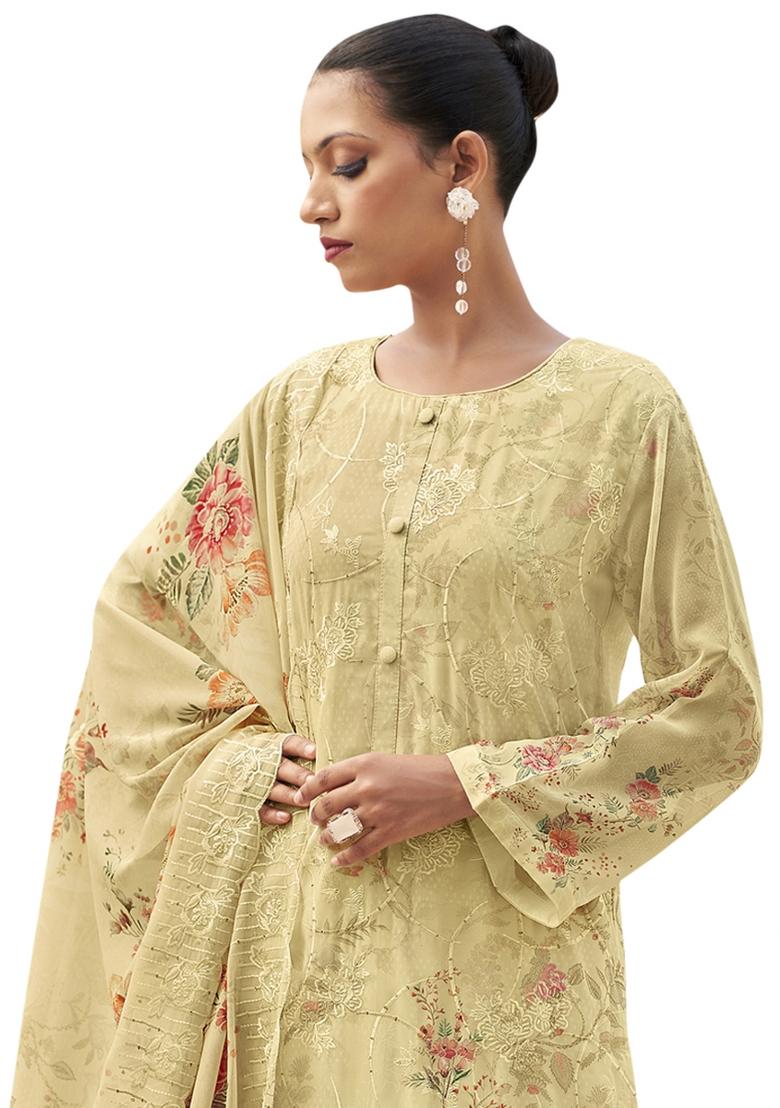 Cream Embroidered Organza Dress Material