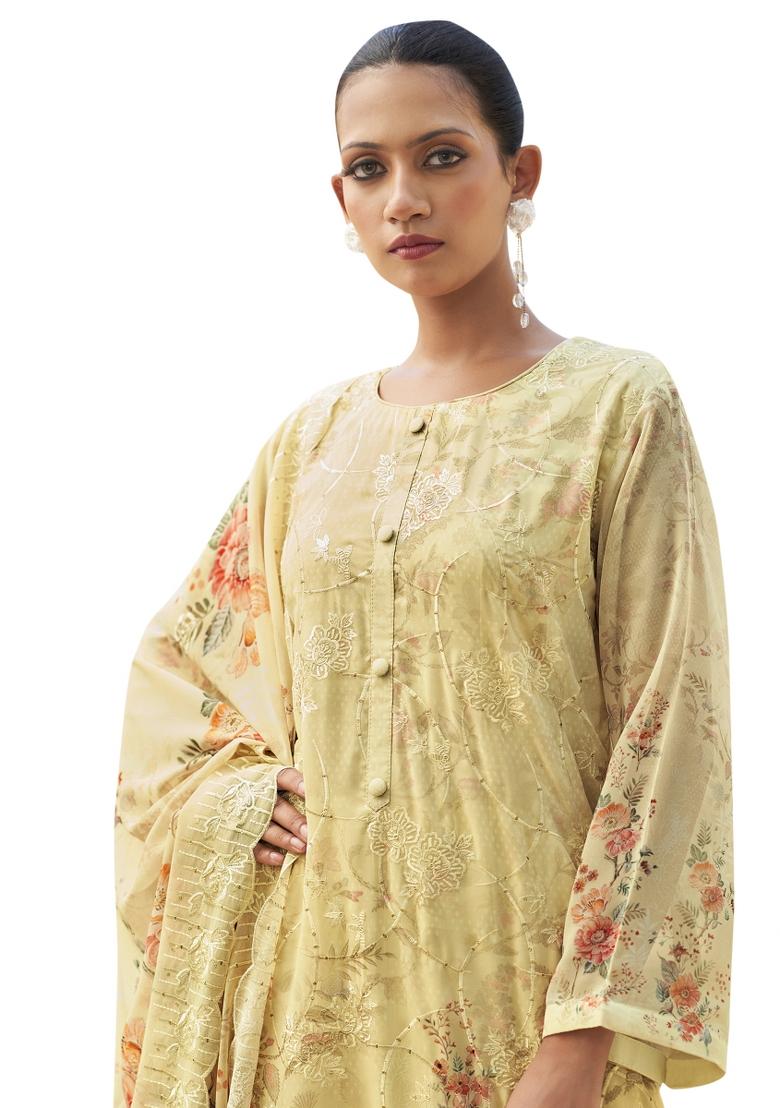 Cream Embroidered Organza Dress Material