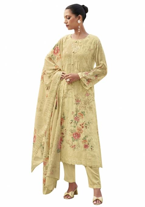 Cream Embroidered Organza Dress Material