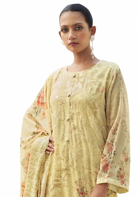 Cream Embroidered Organza Dress Material