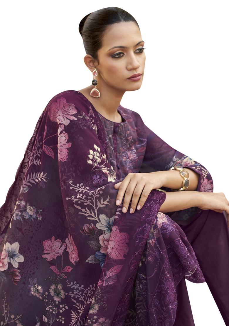 Purple Embroidered Organza Dress Material