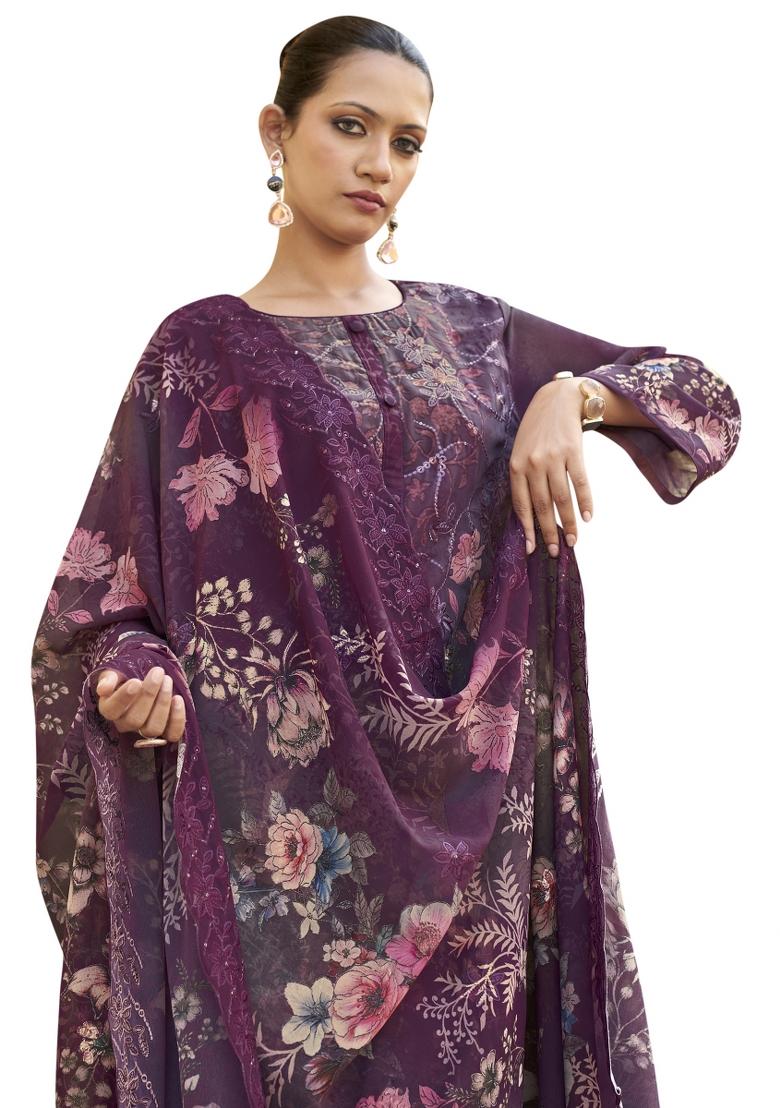 Purple Embroidered Organza Dress Material