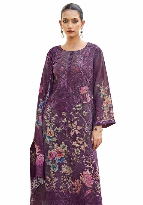 Purple Embroidered Organza Dress Material