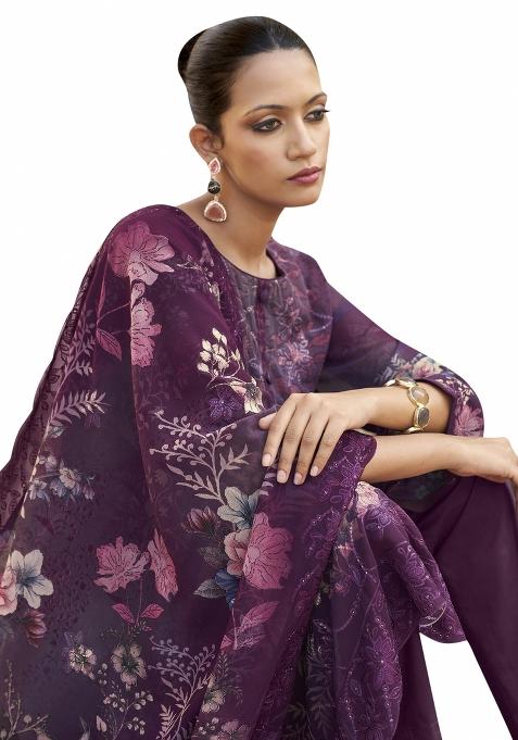 Purple Embroidered Organza Dress Material