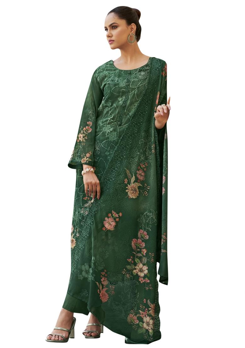 Green Embroidered Organza Dress Material