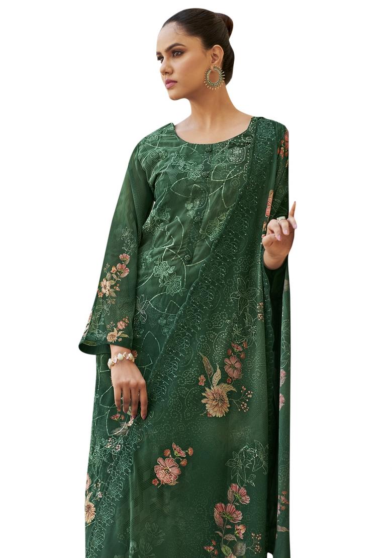 Green Embroidered Organza Dress Material