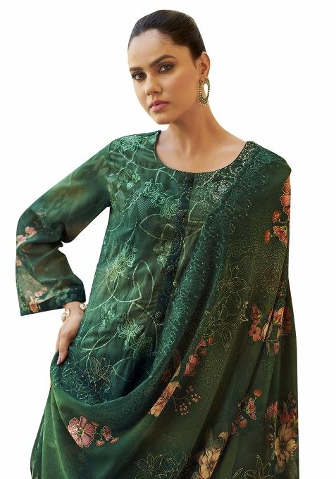 Green Embroidered Organza Dress Material