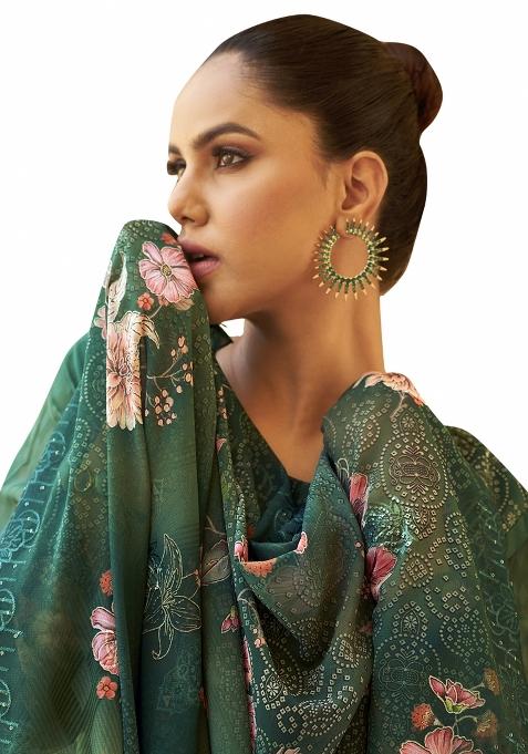 Green Embroidered Organza Dress Material