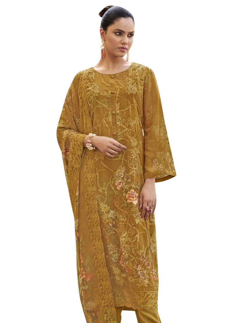 Mustard Embroidered Organza Dress Material