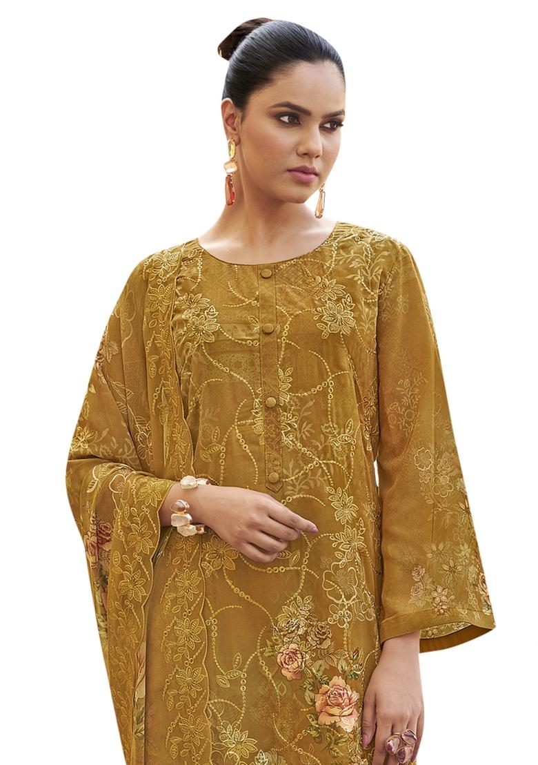 Mustard Embroidered Organza Dress Material