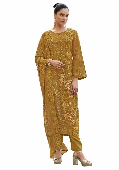 Mustard Embroidered Organza Dress Material