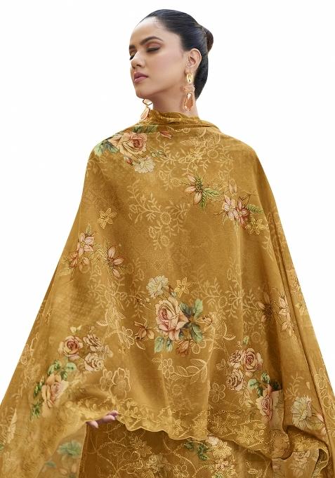 Mustard Embroidered Organza Dress Material