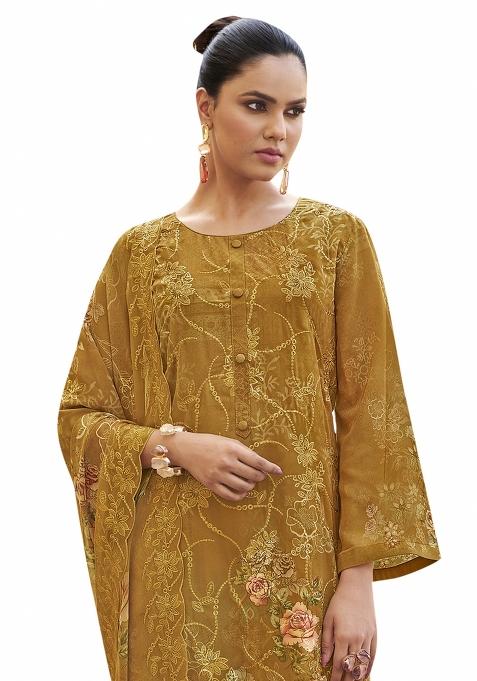 Mustard Embroidered Organza Dress Material