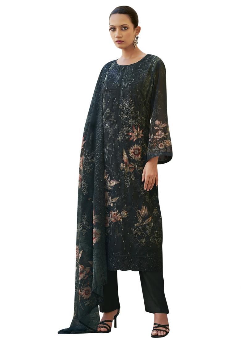 Black Embroidered Organza Dress Material
