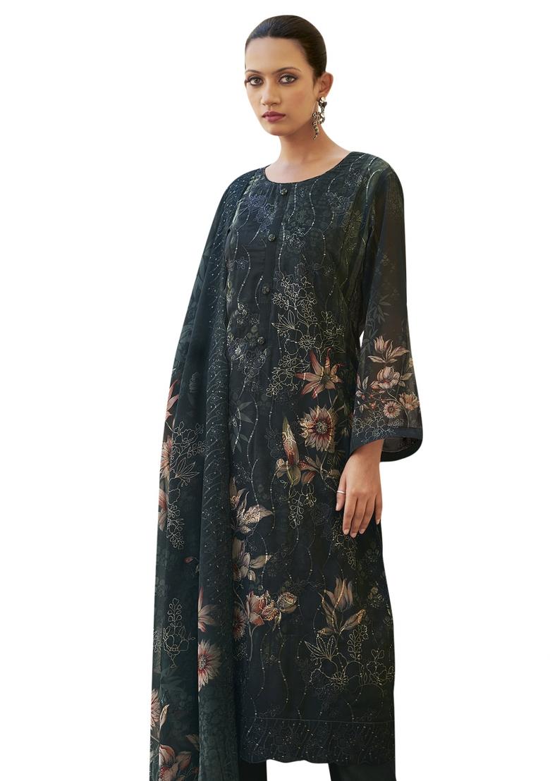 Black Embroidered Organza Dress Material