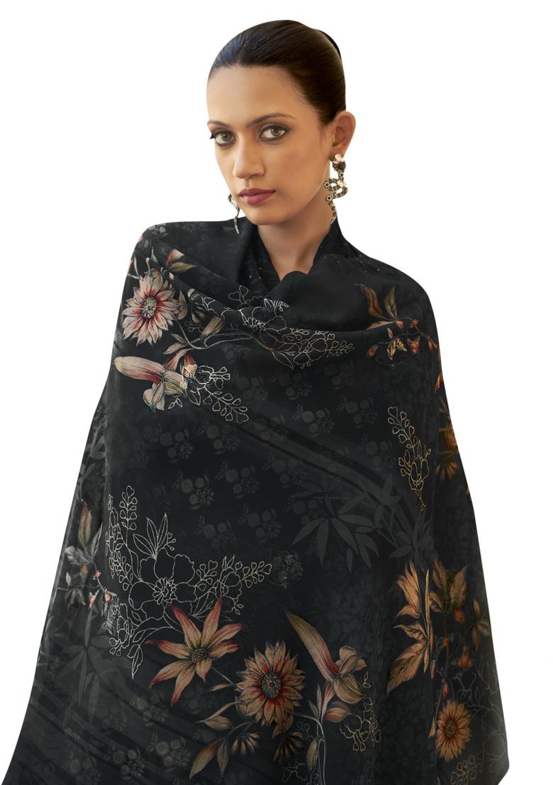 Black Embroidered Organza Dress Material