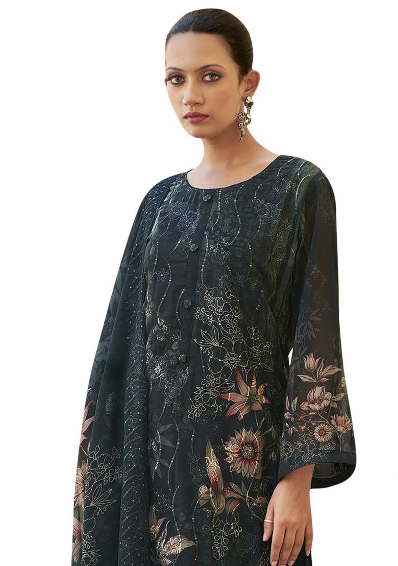 Black Embroidered Organza Dress Material
