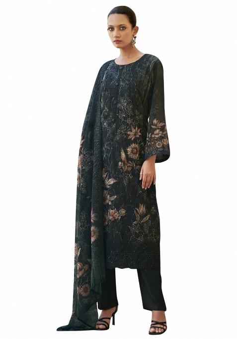 Black Embroidered Organza Dress Material