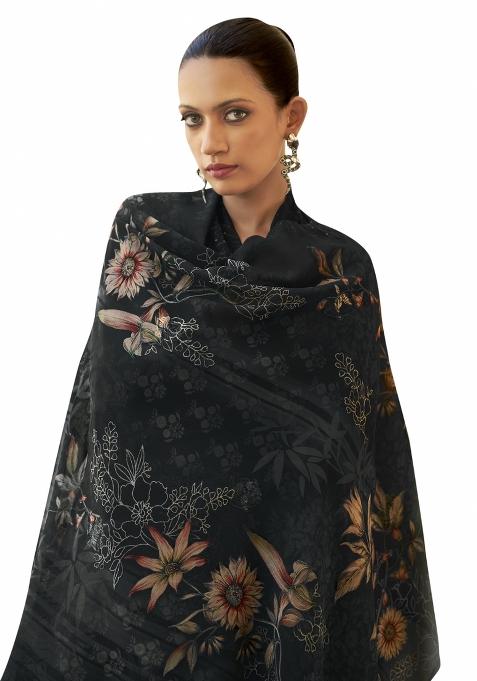 Black Embroidered Organza Dress Material