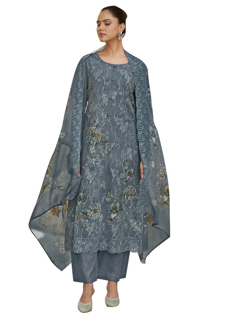Grey Embroidered Organza Dress Material